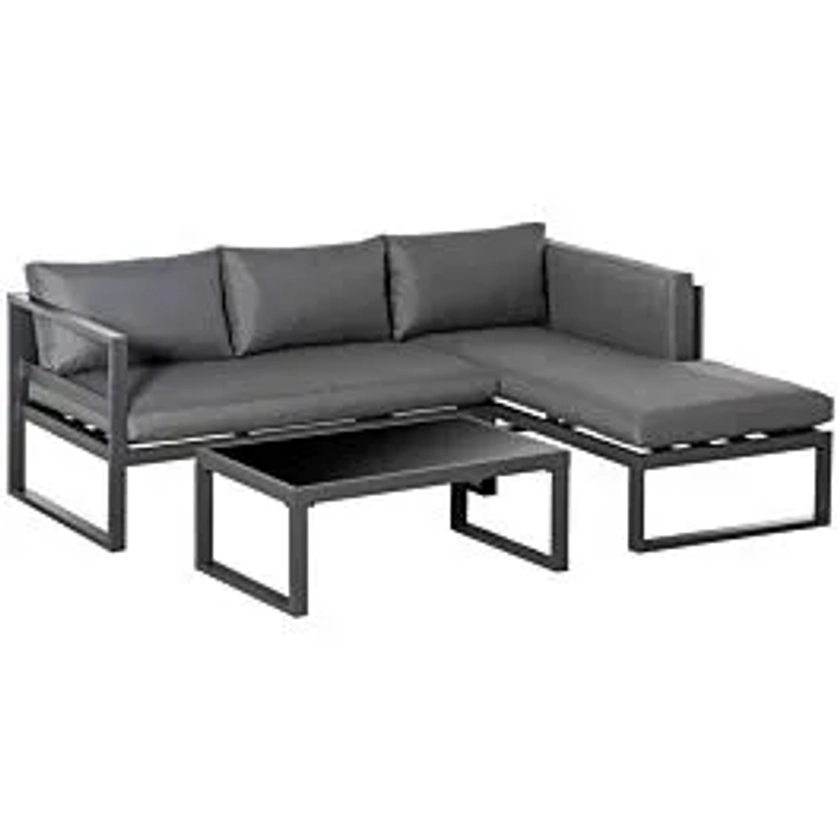 Outsunny 3pc L-shape Corner Sofa Set with Padded Cushions and Glass Coffee Table - Grey