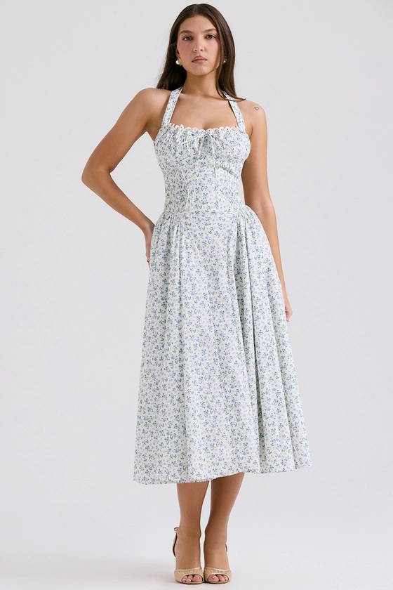 Clothing : Midi Dresses : 'Adabella' White Bluebell Print Cotton Halter Sundress