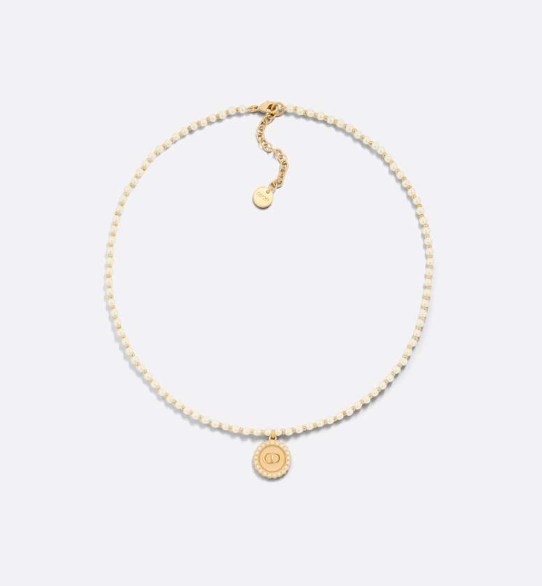 Collier Petit CD Baroque Métal finition dorée, perles en résine blanche et verre moutarde pastel | DIOR