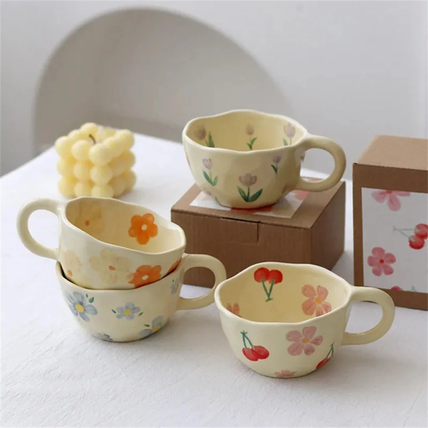 Tasses à café en céramique de style coréen, tasse à thé au lait de fleurs irrégulières pincées à la main, tasse de petit déjeuner à la farine d'avoine, verres de cuisine, standard, ins - AliExpress