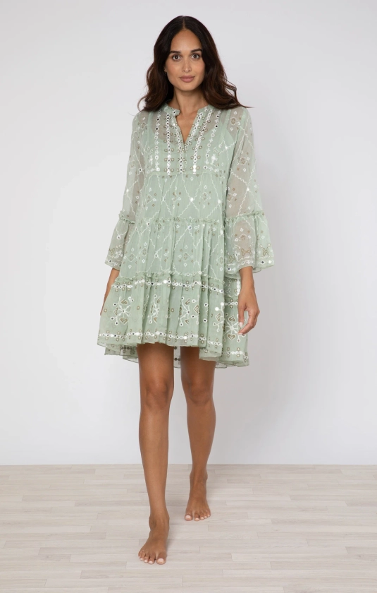 Sage Mosaic Print Flared Sleeve Dress → Juliet Dunn London