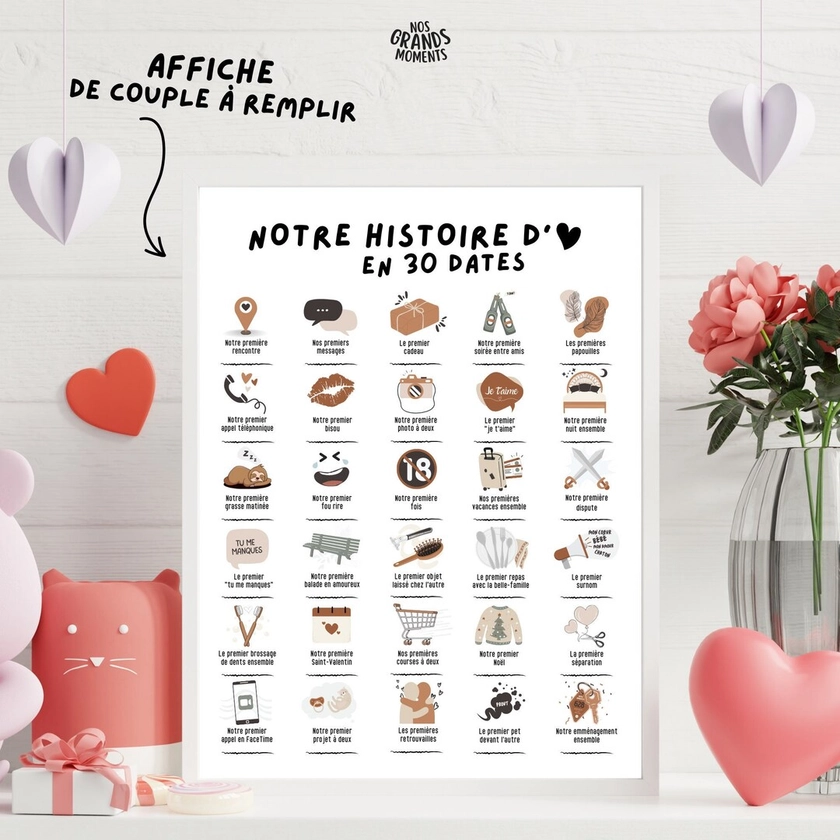Affiche de couple à remplir "Notre histoire d'amour en 30 dates" | Affiche à tamponner | Affiche couple, Saint-Valentin | Format A4 + A3