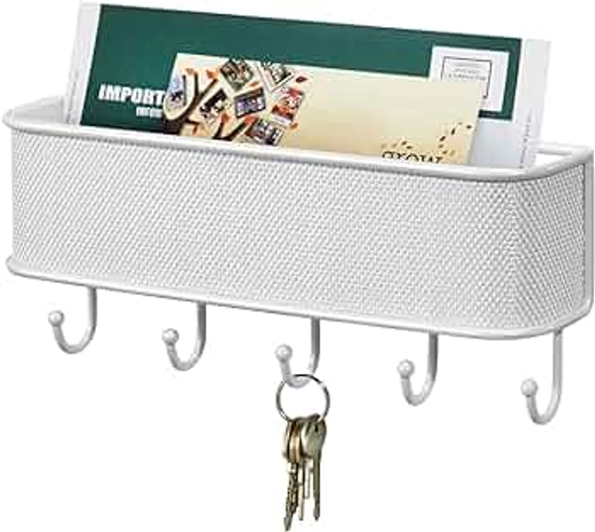 mDesign Wall Mounted Key Holder & Letter Basket - Wall Letter Holder with 5 Key Hooks - Key Rack and Letter Holder - White
