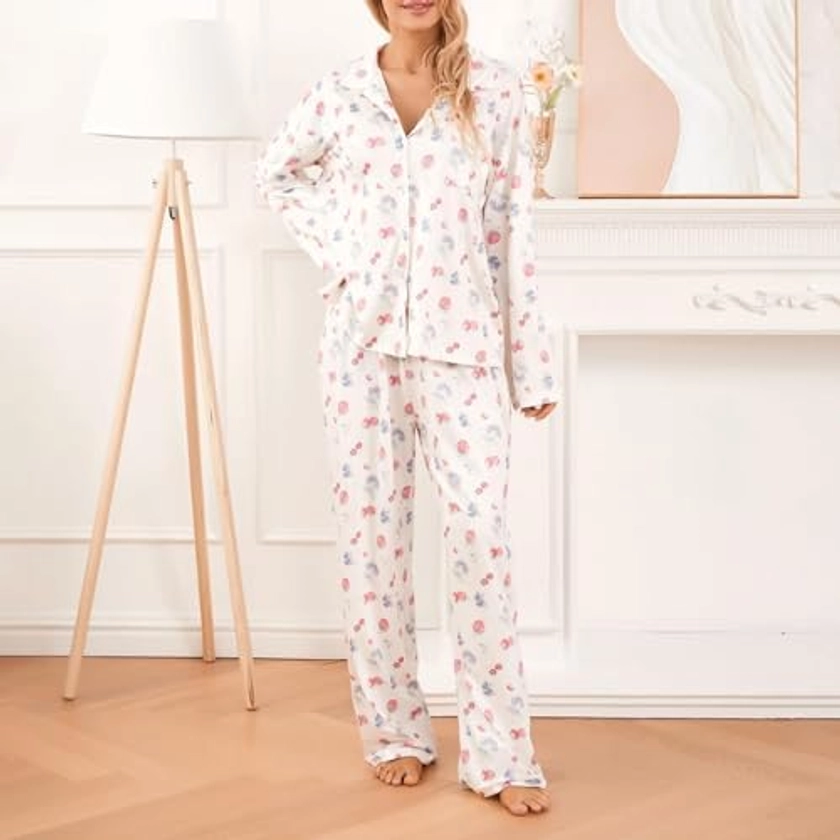 Zureto Fruit Pajama Set, 2 Piece Pajama Set for Women Fruit Print Lounge Set-floral Pajamas, Floral Print Long Sleeve Button Down