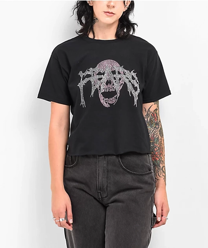Personal Fears Pink Rhinestone Skull Black Crop T-Shirt