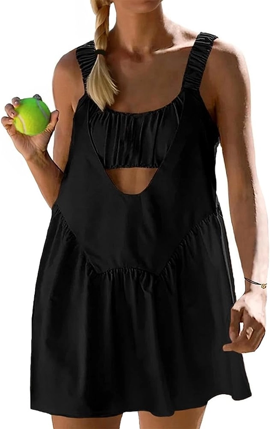 AnotherChill Womens Tennis Dress Built-In Bra and Shorts Pockets Workout Dresses Athletic Outfits Cut Out Two Piece