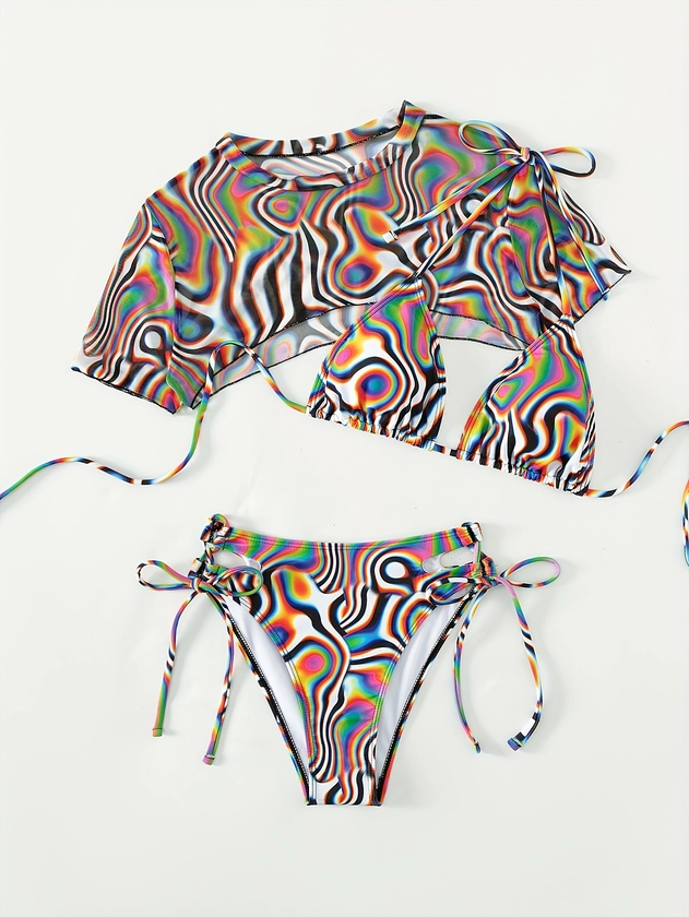 Swirl Print Holographic Stretchy 3 Piece Set Swimsuits, Triangle Halter Drawstring Bikini With Short Sleeve Crop Cover Up, Women's Swimwear & Clothing