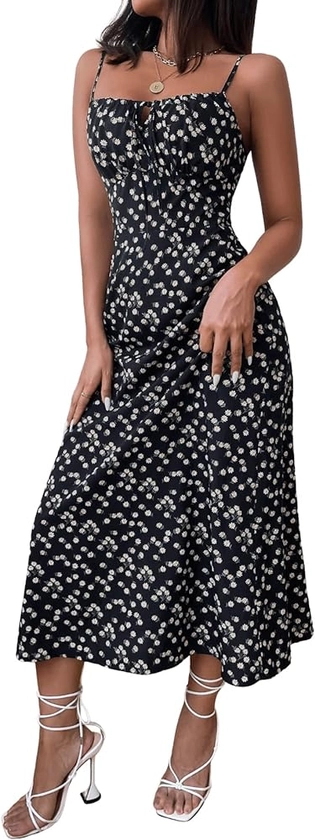 SweatyRocks Women's Boho Sleeveless Floral Dress Tie Front Flared Cami Maxi Dresses