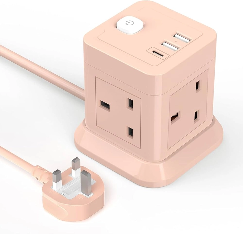 Cube Extension Lead with USB Slots, BEVA 4 Way Multi Plug Power Strip with 3 USB Ports (5V/2.4A), Desktop Power Extension Socket with 1.5M Extension Cords for Home Dorm Office Travel-PINK: Amazon.co.uk: Electronics & Photo