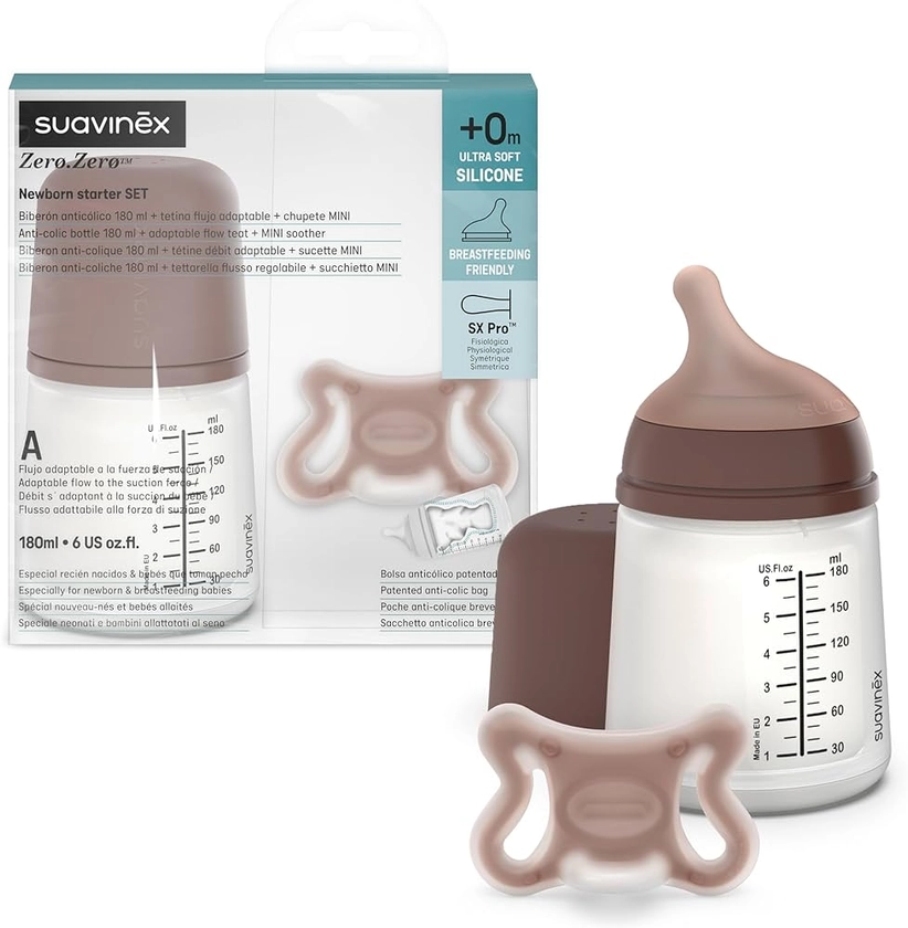 Suavinex, Starter Set Zero Zero, Biberon Anti-Colique 180 ml avec Tétine Spécial Allaitement + Sucette Zero Zero, Sucette Naissance Taille Mini (-2 à 2 mois) avec Tétine Symétrique SX Pro, Deep : Amazon.fr: Bébé et Puériculture