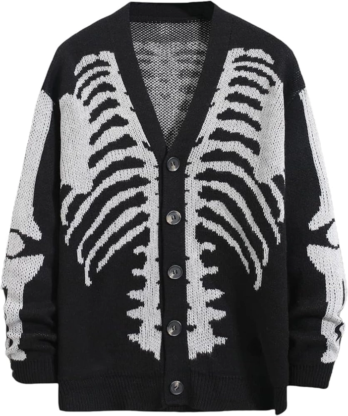 SHENHE Men's Skeleton Print Long Sleeve Cardigan Sweaters V Neck Button Down Outwear Coats