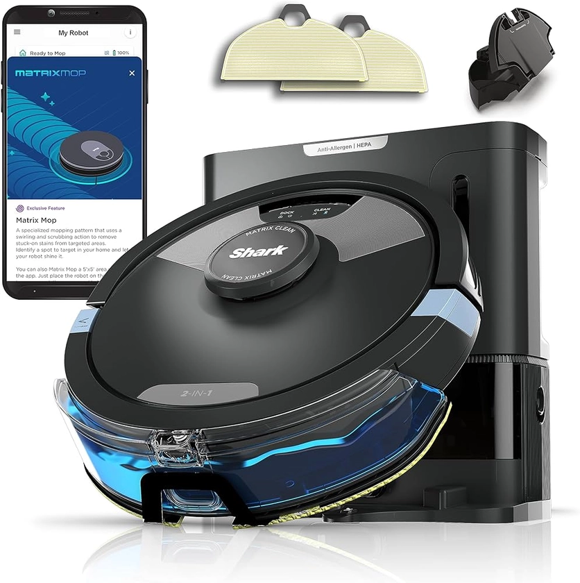Shark Matrix Plus 2in1 Robot Vacuum & Mop with Sonic Mopping, Matrix Clean, Home Mapping, HEPA Bagless Self Empty Base, CleanEdge, for Pet Hair, Wifi, Black/Silver (RV2610WA)