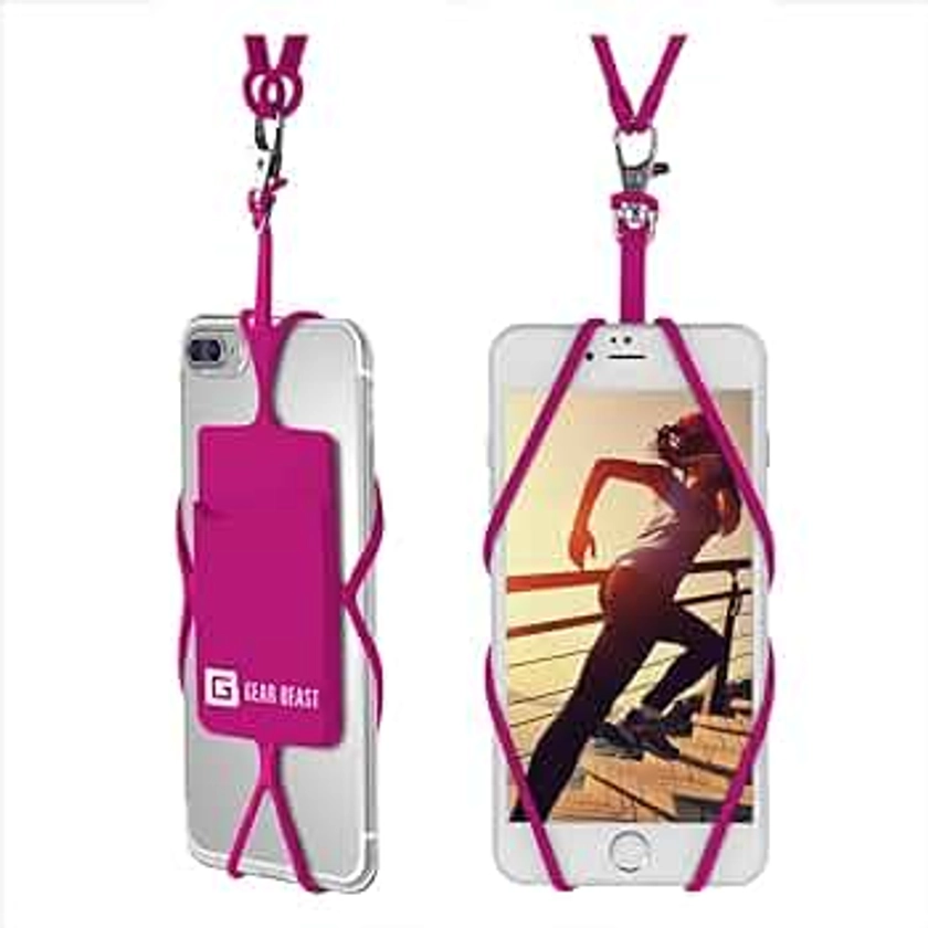 Gear Beast Cell Phone Lanyard - Universal Neck Phone Holder w/Card Pocket and Silicone Neck Strap - Compatible with Most Smartphones, Hot Pink