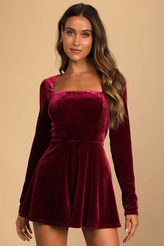 Feeling Cheery Burgundy Velvet Long Sleeve Tie-Back Romper