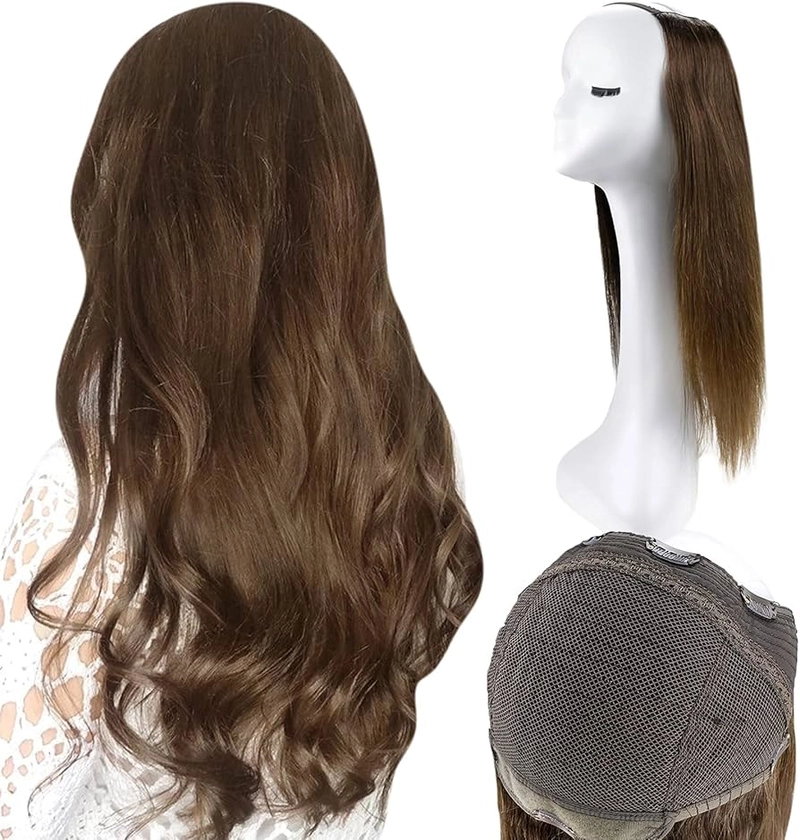 Full Shine 16" Half Wig Medium Brown Color #4 120G Hair Pieces for Women Clip in U Part Remy Wig One Piece Human Hair Extensions