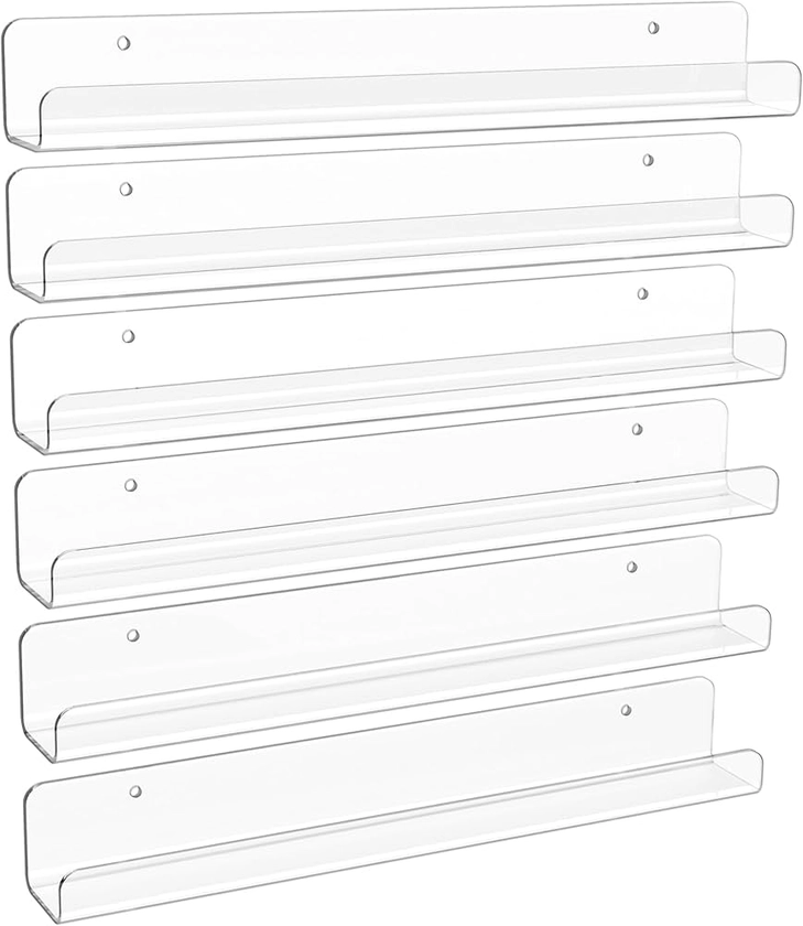 upsimples 6 Pack Clear Acrylic Shelves, 12" Nursery Book Shelves for Wall, Floating Bookshelf for Kids Baby, Vinyl Display, Record Holder, Magazine Rack, Picture Ledge Shelf