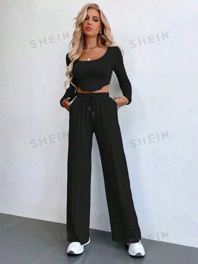 SHEIN Frenchy Scoop Neck Asymmetrical Hem Crop Tee & Drawstring Waist Pants