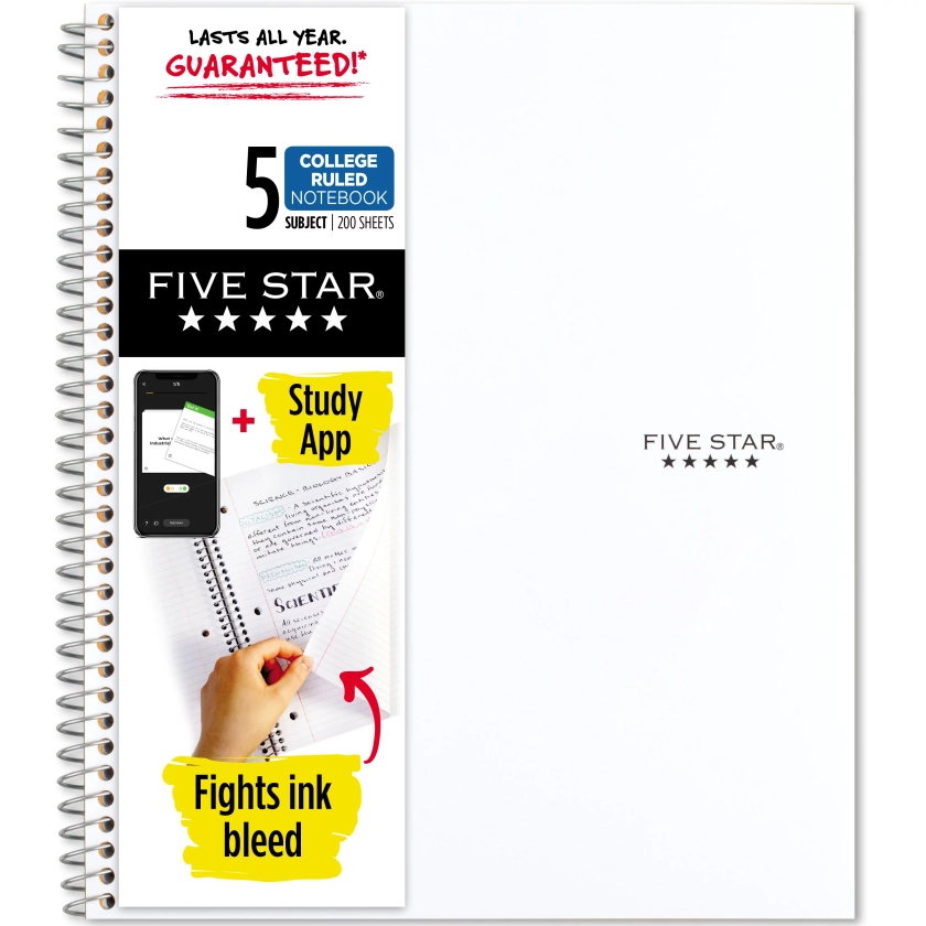 Five Star Wirebound Notebook Plus Study App, 5 Subject, College Ruled, White