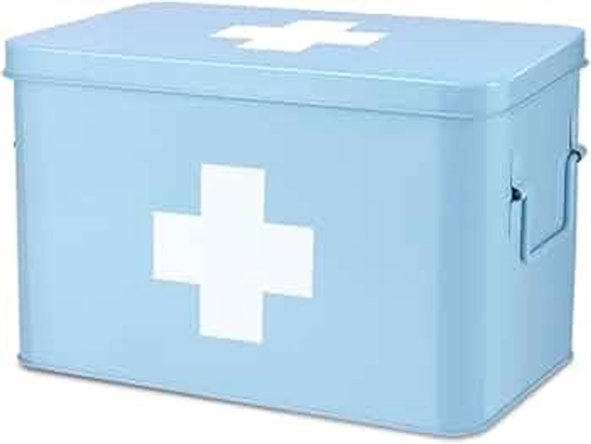 Flexzion First Aid Box Organizer Empty 13" Blue Vintage First Aid Kit Tin Metal Medical Box - First Aid Storage Box Container Bins with Dividers, Removable Tray and White Cross Logo