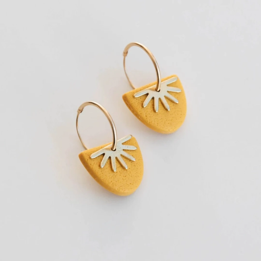 Bright Yellow Clay and Brass Sun Ray Gold Hoop Earrings in Sunshine Sunflower Yellow - Etsy UK