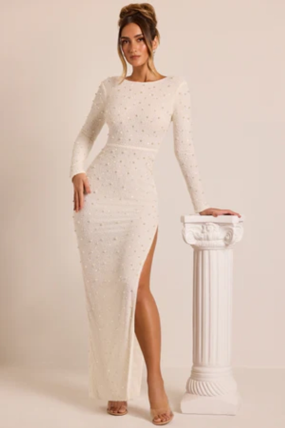 Embellished Long Sleeve Backless Maxi Dress in White