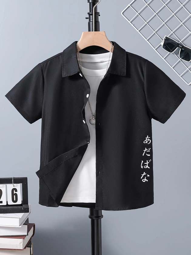 Boy&#39;s Japanese Letters Print Trendy Shirt Casual Short Sleeve Button Down Summer Tops
