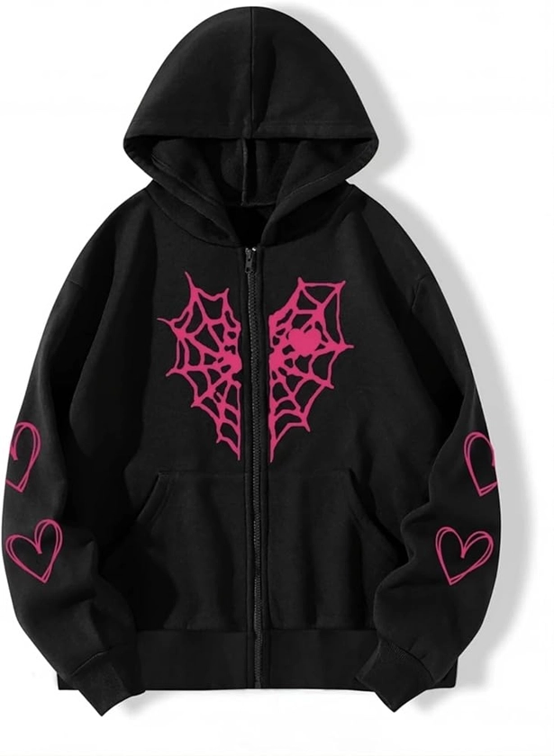 Y2K Gothic Spider Web Heart-shaped Print Hoodied Pullover Punk Zip Up Jacket Coat Harajuku Loose Oversized Streetwear