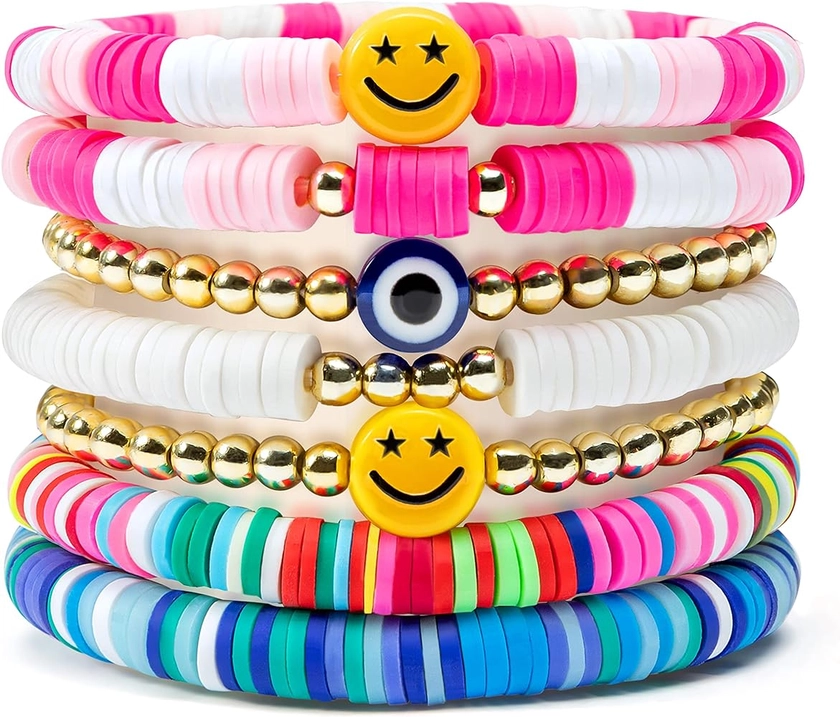 Y1tvei 7Pcs Heishi Surfer Bracelets Set Colorful Preppy Smile Evil Eye Beaded Stretch Clay Stackable Boho Disc Y2K Kidcore Aesthetic Summer Beach Jewelry for Women