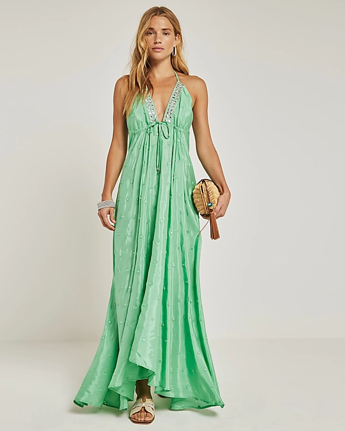 Green embellished plunge beach maxi dress | River Island