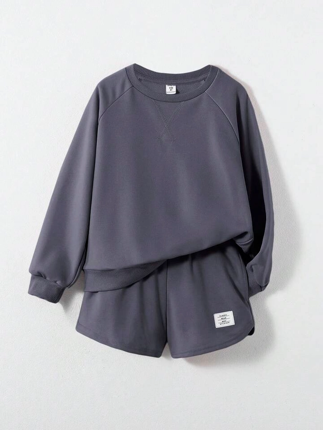 SHEIN Tween Girls' Sporty Leisure Knitted Sweatshirt And Shorts Two Piece Set