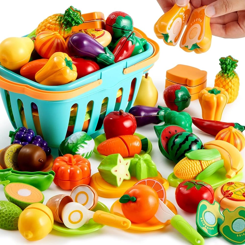 JOYIN Lot de 68 Jouets Alimentaires à découper pour la Cuisine des Tout-Petits, Faux Aliments pour la Cuisine, Comprend des Fruits et légumes en Plastique, des Cadeaux pour Tout-Petits