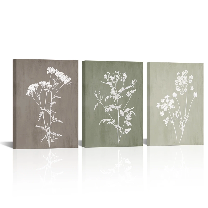 3 Panel Framed Canvas Wall Art Vintage Style Flower Grasses Giclee Print Gallery Wrap Modern Home Art Decor Ready to Hang - 12 "x16" x3