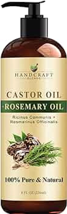 Handcraft Blends Castor Oil with Rosemary Oil for Hair Growth, Eyelashes, Eyebrows - 100% Pure and Natural Carrier Oil Hair, Body Oil - Moisturizing Massage Oil for Aromatherapy - 8 fl. Oz