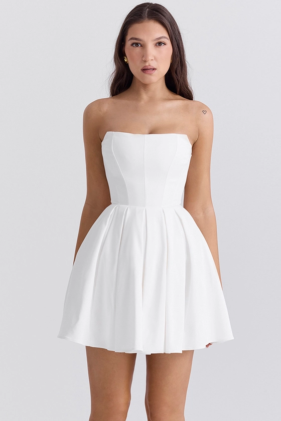 Clothing : Mini Dresses : 'Emmanuela' White Strapless Pleated Mini Dress
