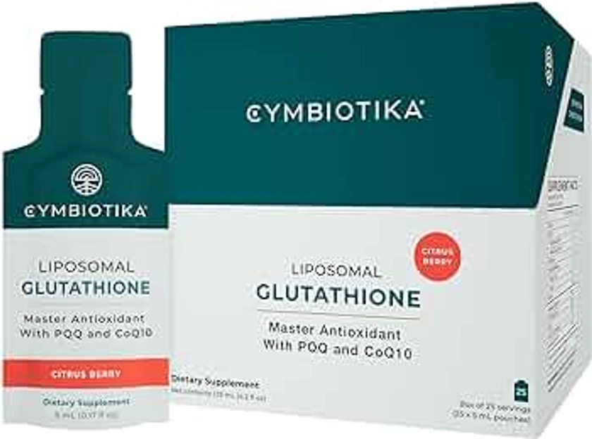CYMBIOTIKA Glutathione with PQQ & CoQ10, Liposomal Delivery, Reduced Glutathione Supplement 150 mg, for Energy, Gut Health & Immune Support, Natural Antioxidant for Men & Women, Citrus Berry, 25 Pack