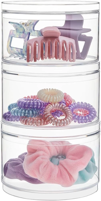 STORi Bella Stackable Clear Plastic Container (Set of 3) Round Vanity Storage Organizers with Lids for Hair Accessories & Beauty Supplies | Made in USA