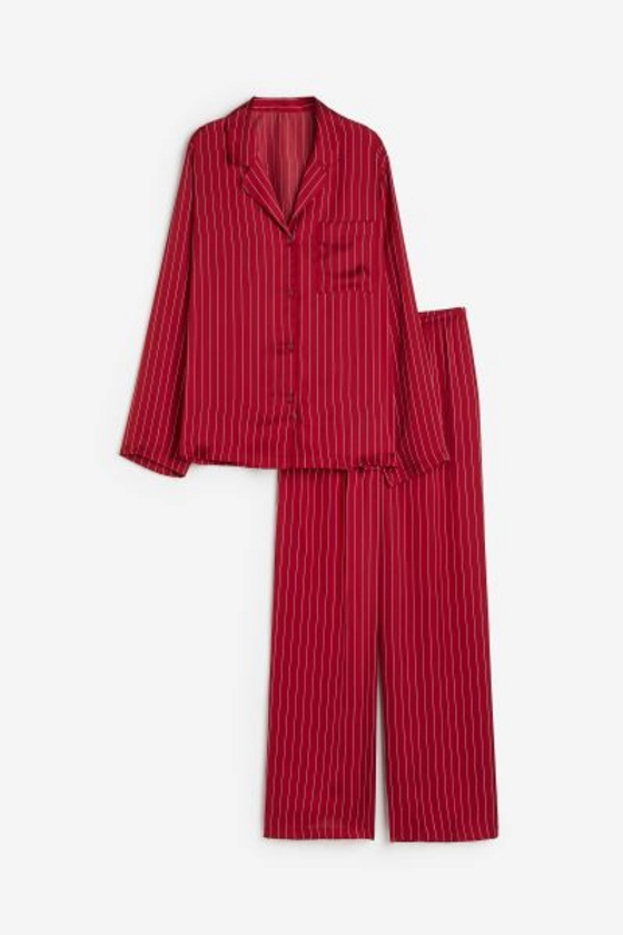 Pyjama en satin avec chemise et pantalon - Rouge foncé/rayé - FEMME | H&M FR