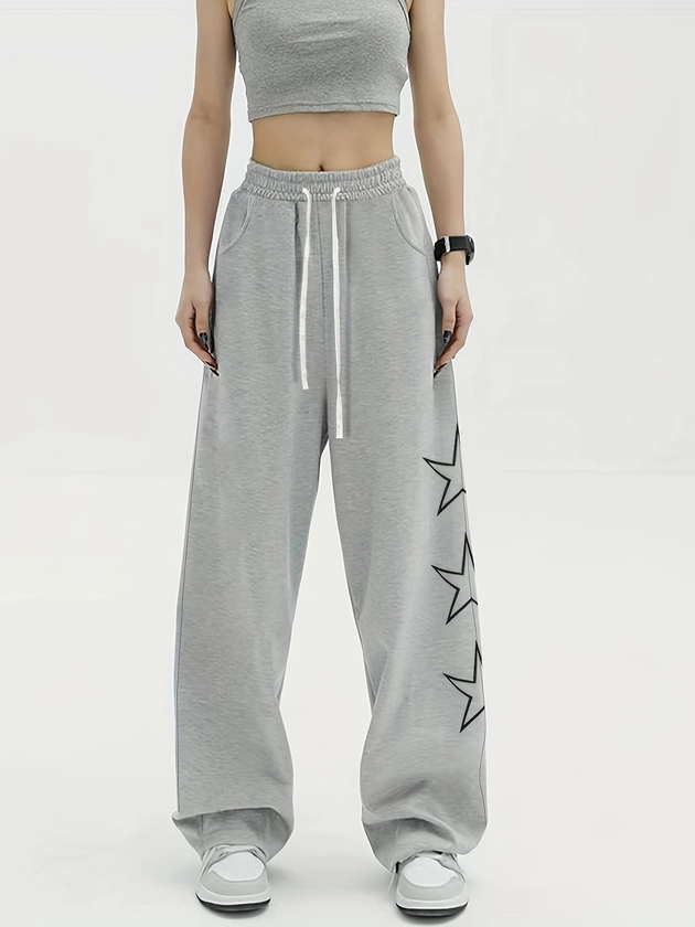 Star Print Drawstring Straight Leg Pants, Casual Pocket Elastic Waist Pants, Women's Clothing