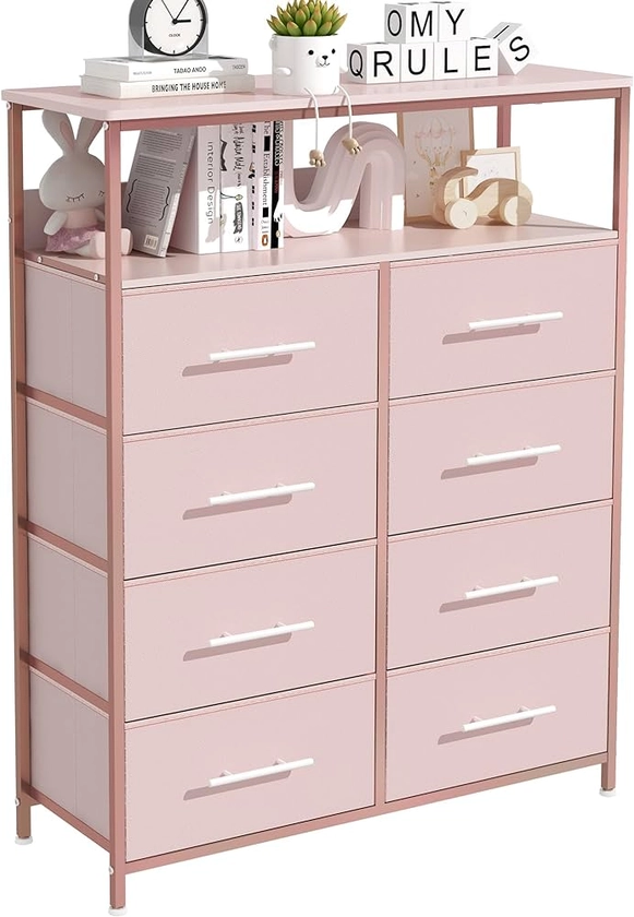 WARM&LOVE Dresser for Bedroom with 8 Drawers, Tall Chest of Drawers with Open Shelves, Pink Chest of Drawers for Closet, Clothes, TV and Nursery, Wooden Top, Fabric Drawers and Metal Frame (Pink)
