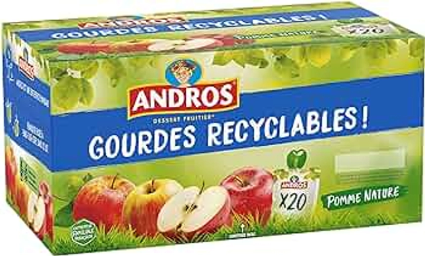 ANDROS - Compote de Fruit - Gourde Recyclable - Allégé - Goût Pomme - Idéal pour le Goûter des Enfants - 20 Unité (Lot de 1)