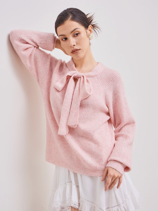 Knit Fabric Knitted Round Neckline Solid Bowknot Knotted Long Sleeve Top For Daily Casual Work