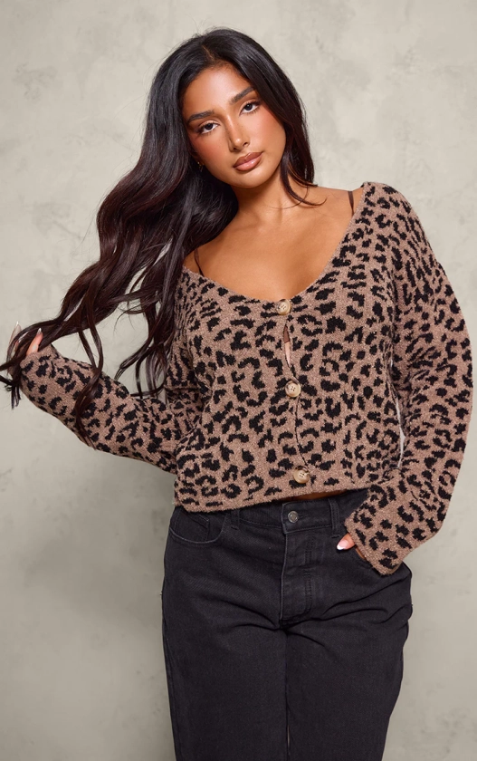 Petite Brown Leopard Knitted Cropped Cardigan