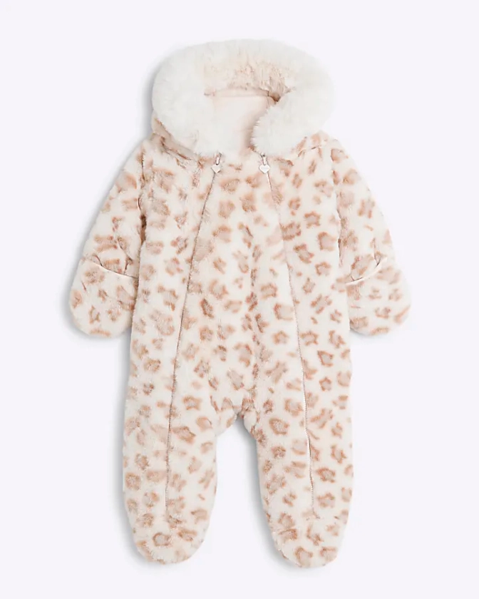 Baby Girls Brown Leopard Faux Fur Snowsuit | River Island