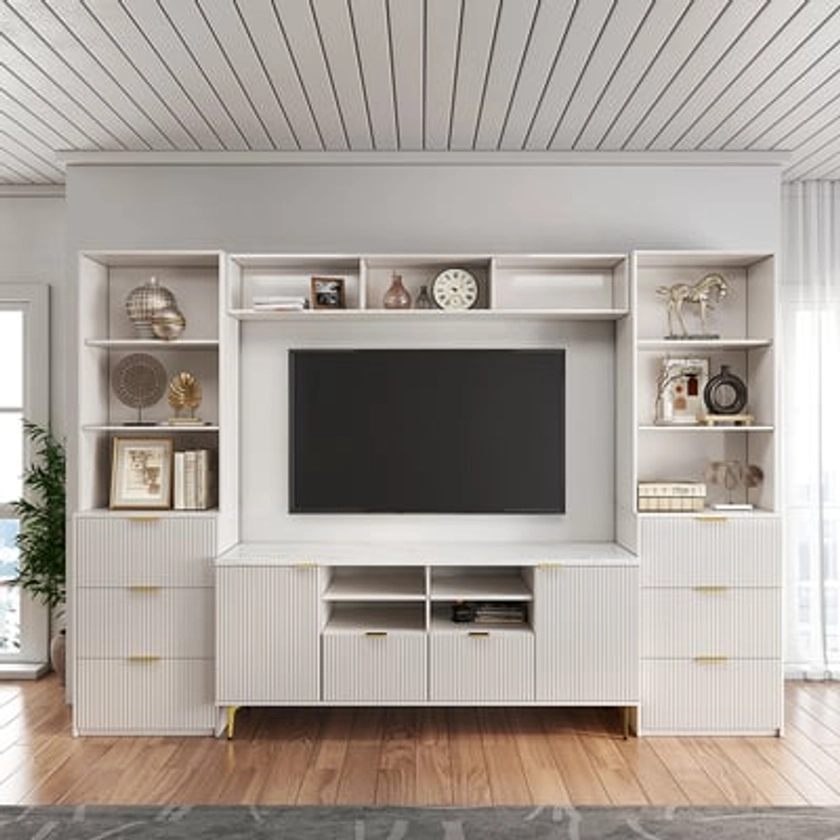 114.2" Fluted Wood Storage 4-Piece Entertainment Center with Bookshelf White TV Stand | Homary 