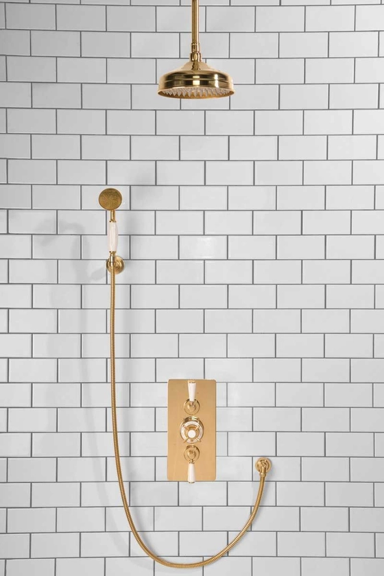 Calder Dual Outlet Shower Kit - Concealed Valve - 6 or 8 inch Rose - White Ceramic Lever - Handshower Hook