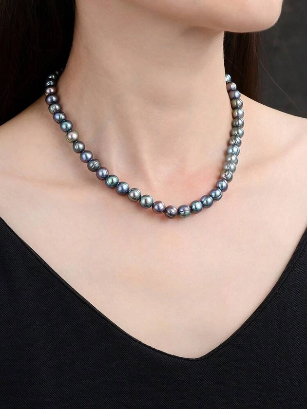 Collier Pour Femmes, Perles Naturelles Noires Et Décoration Artificielle, 1 Pièce