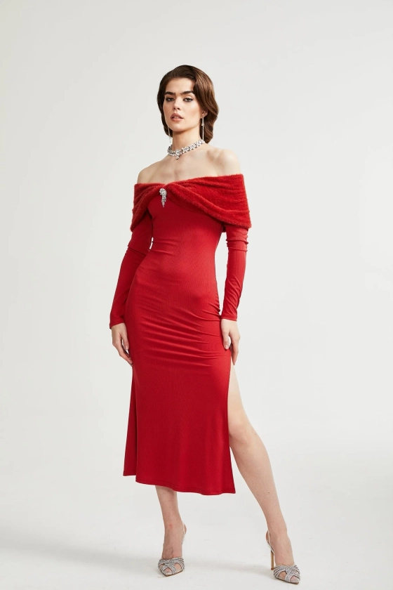 Leonya red off-shoulder knitted midi dress