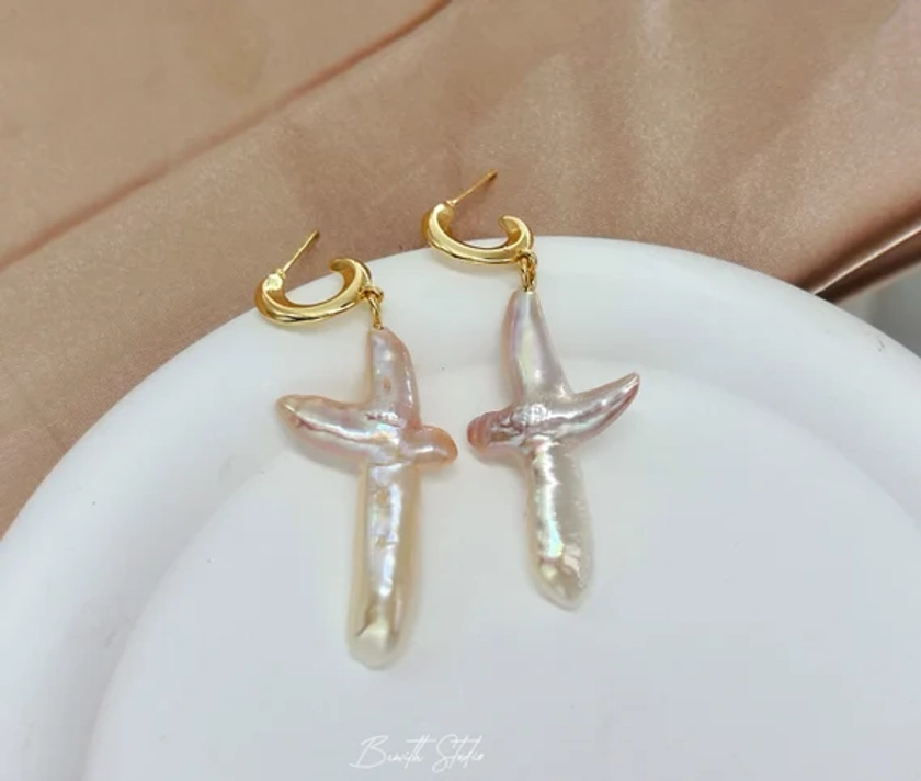 Pearl Cross Earrings | Freshwater Pearl Dangle Earrings | Chunky Cross Earrings | Statement earrings| Gift for her|
