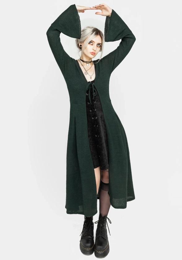 Xana Textured Tie Front Long Cardigan - Green