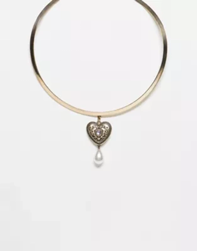Reclaimed Vintage unisex gold cuff necklace with heart pearl drop pendant | ASOS